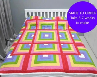 Bohemian queen quilt, Custom Stacks of Square quilt Boho, Bohemian Patchwork Quilt king, Custom handmade quilt for sale, Bohemian home decor