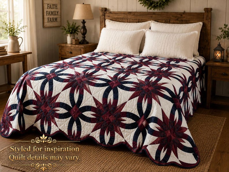 May include: A white quilt with a repeating pattern of navy blue interlocking rings and burgundy starbursts. The quilt is on a wooden bed frame with white pillows. The room has a rustic, farmhouse style.