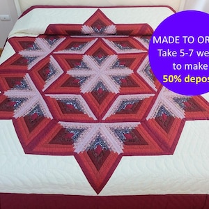Handmade Amish quilt king size, Amish queen quilts, CUSTOM Log cabin broken star quilt, Red bedspread California king size, Red bed decor