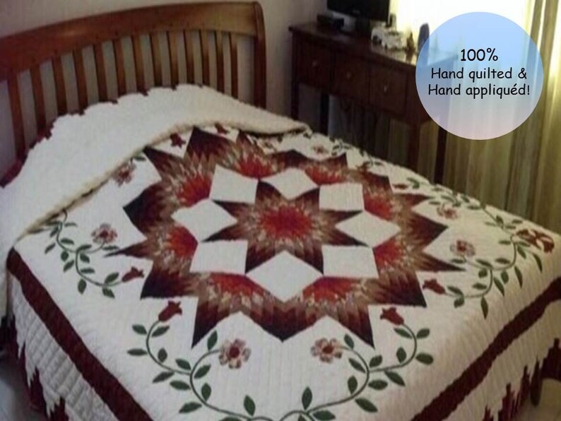 Red Barn Broken Star With Flower Quilt Vintage Style Etsy