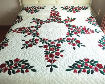 Couvre-lit de courtepointe fait main étoiles fleurs, couverture de couette florale rouge appliquée à la main, courtepointe design amish, couvre-lit de courtepointe fait main, cadeau pour amoureux des étoiles
