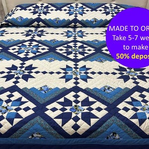 CUSTOM handmade Heritage Quilt, Gift for men birthday, Queen size quilt blue, California King size quilt for beds, Blue & white quilt, Decor