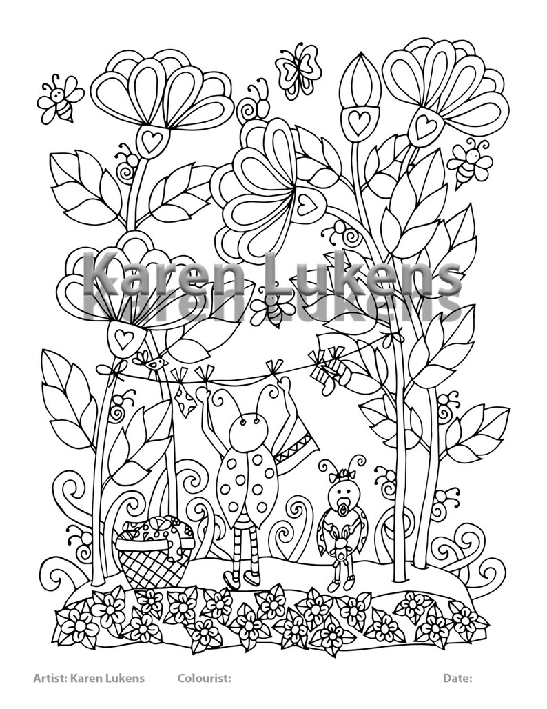 Download Ladybug Clothes Line 1 Adult Coloring Book Page Printable | Etsy