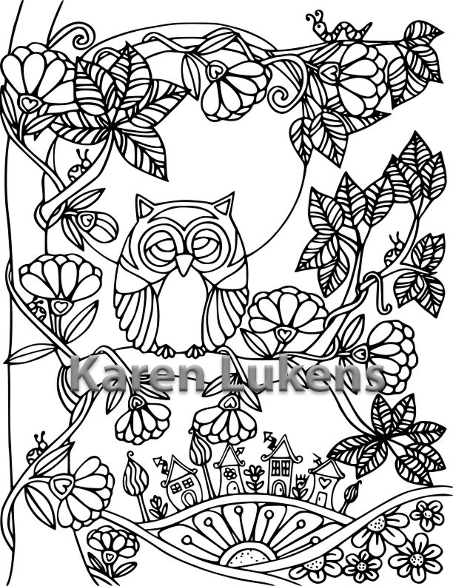 Happy Owl Moon 1 Adult Coloring Book Page Printable Instant | Etsy