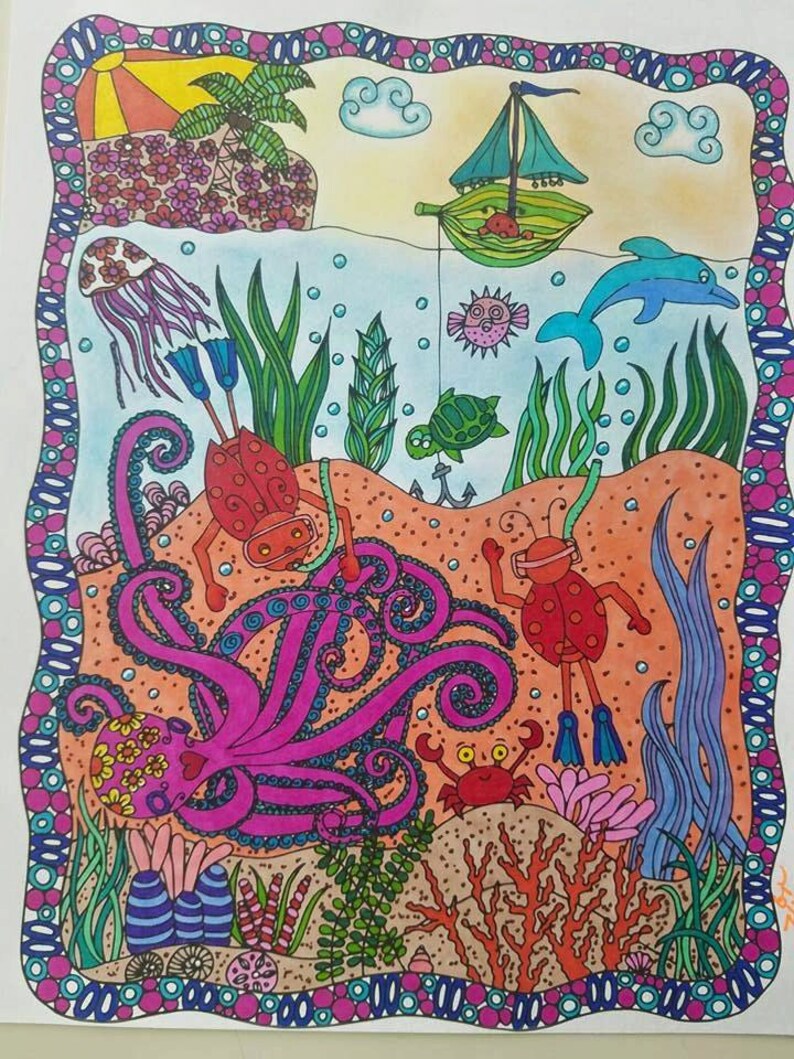 Download Ladybugs Snorkeling 1 Adult Coloring Book Page Printable | Etsy
