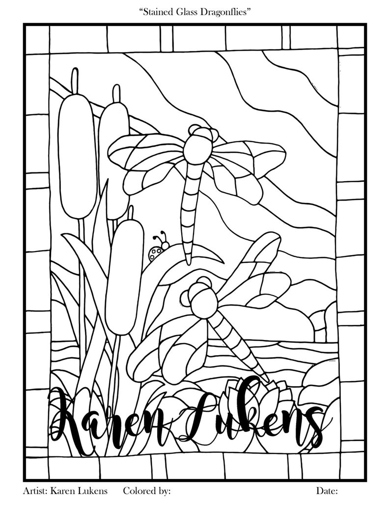 Download Stained Glass Dragonflies 1 Adult Coloring Book Page | Etsy