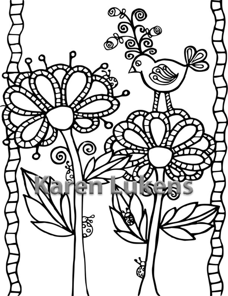 Birdie Flowers 1 Adult Coloring Book Page Printable Instant | Etsy