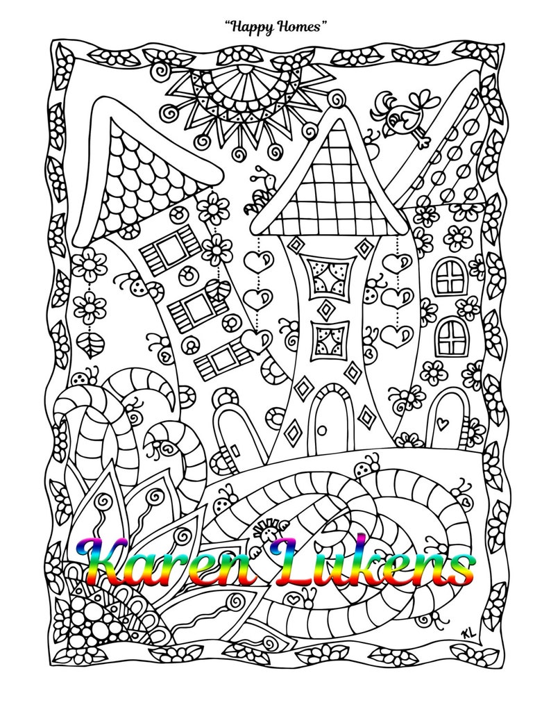Happy Homes 1 Adult Coloring Book Page Printable Instant | Etsy