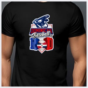 May include: Black t-shirt featuring a graphic of a baseball player holding a bat, a baseball with the Dominican Republic flag, and the text "Dominican Baseball RD".