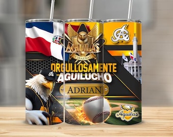 May include: Three stainless steel tumblers with a baseball theme. The tumblers feature a Dominican flag, a baseball player, and a baseball stadium. The text "Orgullosamente Aguiluchos Adrian" is printed on the tumblers.