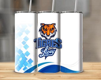 May include: Three stainless steel tumblers with a white background and blue and orange designs. The center tumbler features a tiger head with the text "TIGRES DEL Licey".