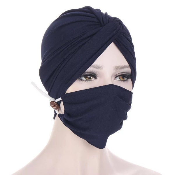 Turban with Mask, Solid Color Head Wrap, Muslim Women Turban, Pre-Tied Solid Color Headwrap Cap with Face Mask