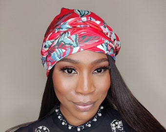 Head Wrap for Women, PreTied, Red Floral Turban, Spring Beanie