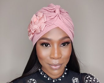 Flower Turbans - Woman Pleated Turbans - Cute Headwraps - PreTied Head Wrap ~ Hair Protection ~ Bonnets - Chemo Cap ~ Alopecia Caps