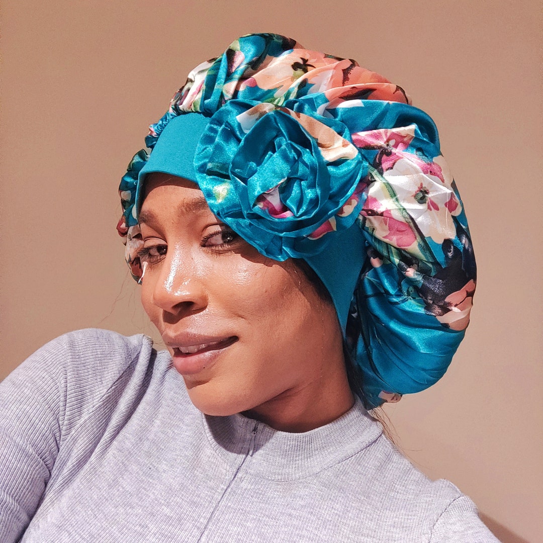 Floral Satin Xlarge Hair Night Cap for Women Flower Wideband Sleep Cap Long Hair