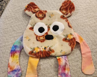 Sensory toy Crinkle buddy Bear lovie rust dimple dot minky crinkle material ASMR fidget toy soft highland cow  fleece paint splatter
