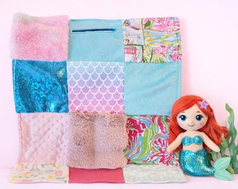 Sensory Lap Blanket: Plush Minky, Fidget Zipper Pouch, Mermaid Scales Fabric, Alzheimers, Dementia, Kids, lilly P inspsired