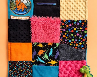 Sensory blanket long plush stress Alzheimer's dementia shimmer lap blanket fidget dimple dot minky plush fur zipper pouch dinosaurs