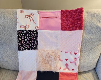Sensory blanket long plush minky stress Alzheimer's dementia kids  Breast Cancer Awareness lap blanket fidget dimple dot minky zipper pouch
