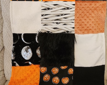 Sensory blanket Halloween plush minky  Alzheimer's dementia kids soft blanket lap blanket fidget blanket pumpkins moons candy corn mummy