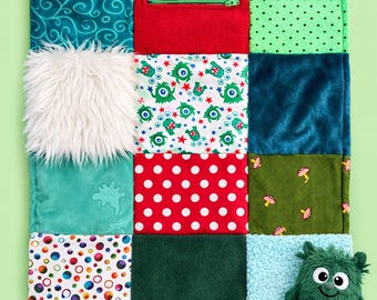 Sensory Lap Blanket: Plush Minky, Fidget Zipper Pouch, monsters, polka dots, mushrooms Fabric