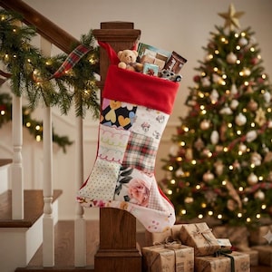 May include: A Christmas stocking featuring a patchwork design with various patterns including hearts, plaid, and floral prints. The stocking has a solid red cuff and is filled with small toys, a teddy bear, and wrapped gift boxes.
