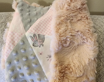 Sensory square plush minky stress alzheimers dementia kids soft lovie patchwork bunnies fidget baby lovie dimple dot minky blush rose plush