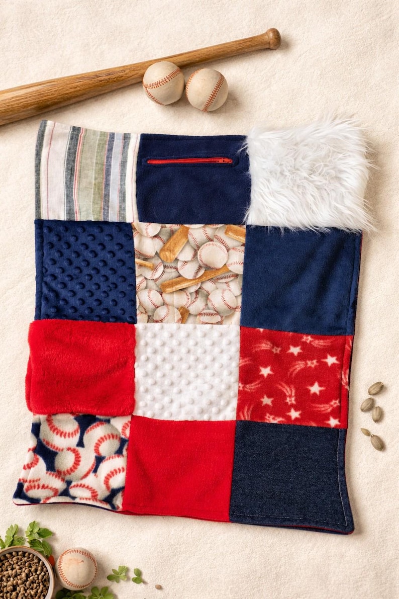 Sensory blanket long plush faux fur stress Alzheimer's dementia kids baseball lap blanket fidget dimple dot minky zipper pouch image 1