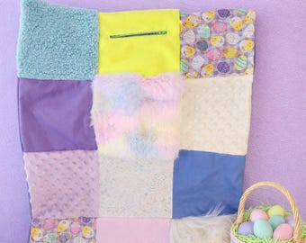 Sensory blanket long plush minky stress Alzheimer's dementia kids Easter Egg  lap blanket fidget dimple dot minky plush fur zipper pouch