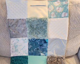 Sensory blanket long plush minky stress Alzheimer's dementia kids baby sheep moon lap blanket fidget dimple dot minky plush fur zipper pouch