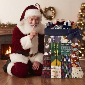 May include: A patchwork Christmas gift sack featuring various holiday-themed fabric squares, including gingerbread men, pine trees, and elf motifs. The sack has a dark blue top cuff with a matching bow and is filled with wrapped presents.