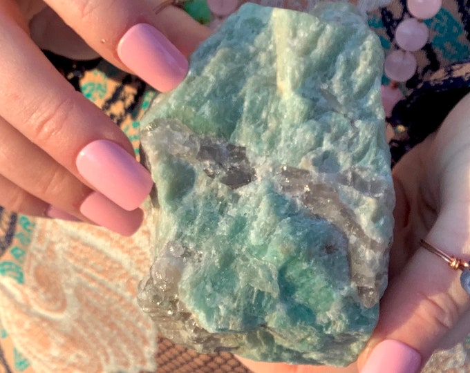 Amazonite Crystal with Smokey Quartz ~ 1 Lb. ~ 4" Long ~ Throat Chakra Stone, Unpolished ~ Natural Home Decor, Reiki ~ Fast & Free Shipping