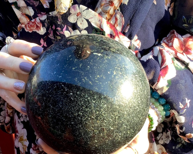 Black Tourmaline Crystal Ball - Large 11 Lb. 12 oz. ~ 5“Wide ~ Sparkling Golden Pyrite Inclusions ~ Reiki, Altar Display, Home Decor, Sphere