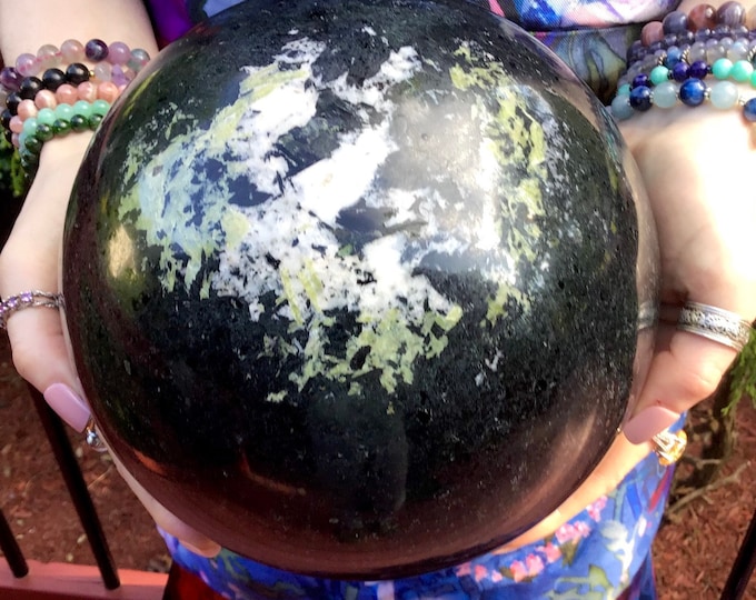 Black & Green Tourmaline Crystal Ball ~ Large 22 Lb. ~ 7'' Wide ~ Sparkling Pyrite Inclusions ~ Root Chakra, Protection Altar, Reiki Healing