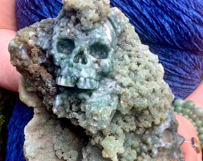 Green Grape Agate Double Crystal Skull ~ Large 5 Lb 4 oz ~ 7" Tall ~ Expertly Hand Carved on the Natural Matrix ~ Fast & Free Shipping, USA