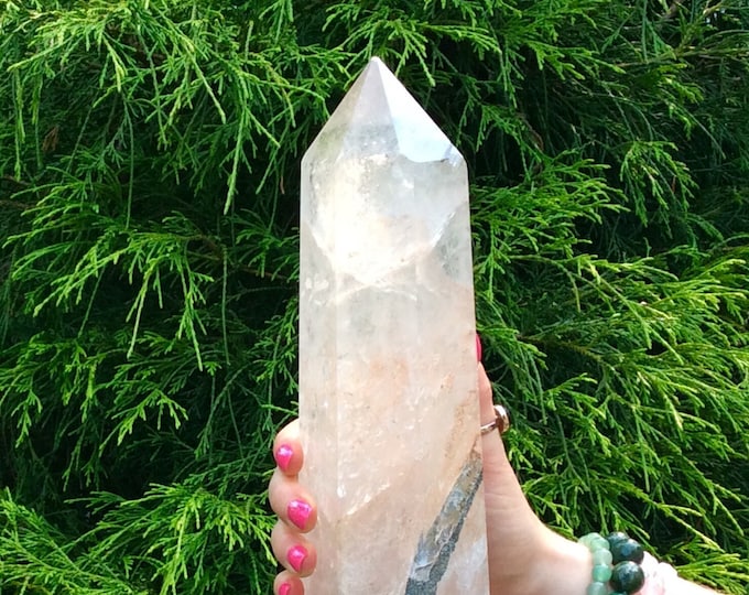 Clear Quartz Crystal Generator ~ Large 6 lb. 14 oz. ~ 14" Tall Tower ~ Stunning Black Sand Phantoms ~ Red Inclusions