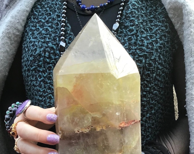 Golden Quartz Crystal Generator ~ Large 9 lb. 7 oz.  9" Tall ~ Yellow, Red, Smokey Phantom Colors ~ Stunning, Unique Natural Inclusions