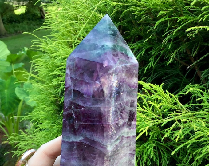 Purple Fluorite Crystal Generator ~ Large 2 lb.~  6 1/2" Tall ~ Swirling Rainbow Inclusions ~ Reiki, Altar Meditation ~ Fast Shipping