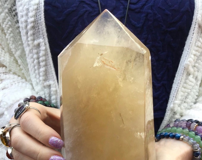 Citrine Crystal Generator ~ Large 4 lb. 15 oz. ~ 8" Long Tower ~ Golden Sparkling Ghost Phantoms ~ Fast & Free Shipping