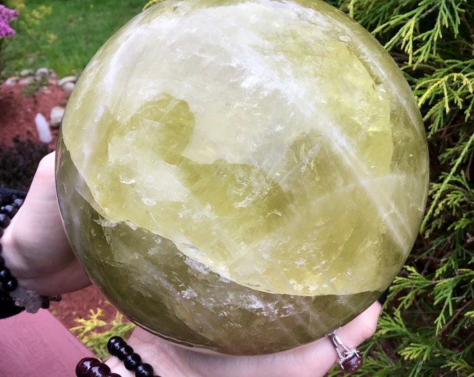 Citrine Crystal Ball ~ Large 11 Lb. 10 oz. ~ 6" Wide ~Golden Yellow Banded Polished Quartz Sphere ~ White Lines Sparkling Silver Inclusions