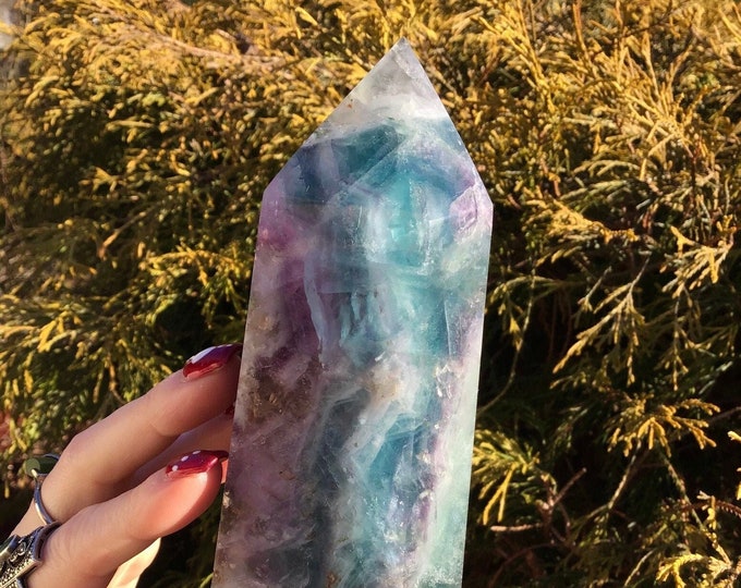 Rainbow Fluorite Generator ~ Large 1 lb. 15 oz. ~ 6" Tall ~ Blue, Purple, Green, Swirling Colors ~ Big Free Standing Display Crystal