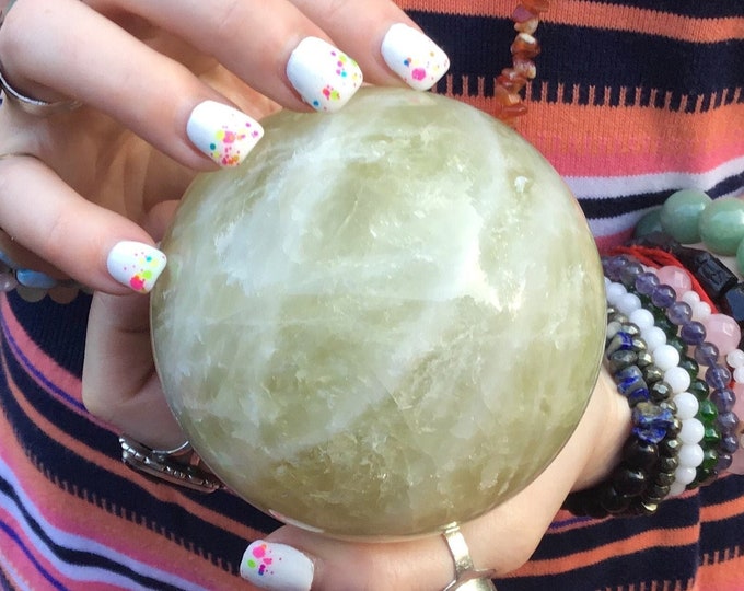Citrine Crystal Ball ~ Large 2 Lb. 3 oz. ~ 3 1/2" Wide ~ White Quartz Bands ~ Natural Yellow Color ~ Fast & Free Shipping, U.S.A. + Global ~