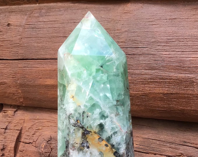 Green Fluorite Crystal Generator ~ Large 7 Lb. ~ 11" Tall Tower ~ Golden Healer ~ Black Phantoms ~ Red & Silver Rainbow Inclusions