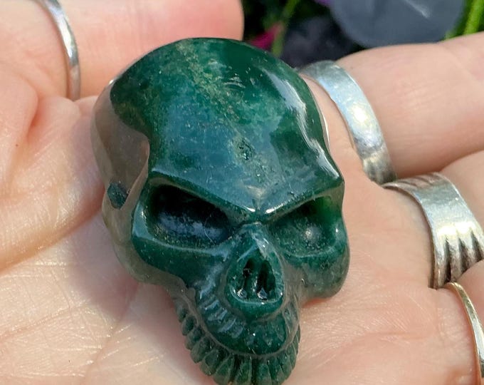 Green Ocean Agate Crystal Skull Pendant Necklace ~ 2" Long ~ Hand Carved One-of-a-Kind ~ Fast & Free Shipping, U.S.A. + Global Shipping