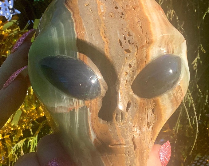 Hand Carved Afghan Jade Alien Skull: Labradorite Eyes, Gemstone Carving