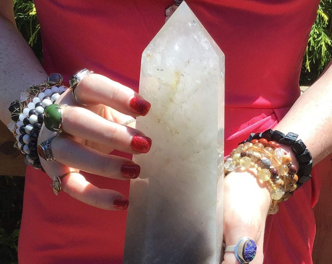 Clear Quartz Crystal Generator ~ Large 2 lb. 11 oz. ~ 8" Tall Smokey Phantom Tower ~ Self Standing Stunning Display Sparkling Inclusions