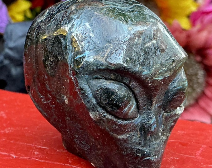 Astrophyllite with Garnet Alien Crystal Mini Skull ~ 6 oz. ~ 2" Long ~ Colorful Black & Blue Sparkling Gemstone ~ Hand-Carved Sculpture