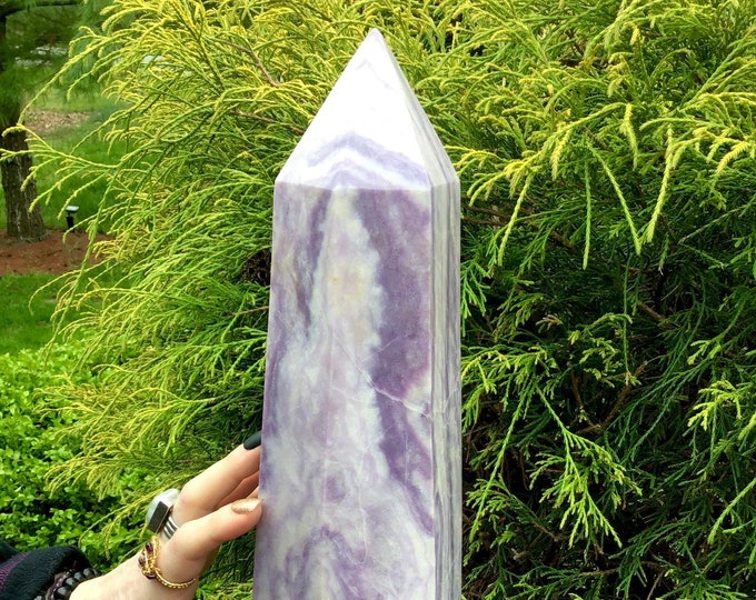 Lavender Fluorite Crystal Generator ~ Large 11 Lb. ~ 12" Tall Tower ~ Swirling Glittery Snow White & Purple Colors ~ Fast Free Shipping