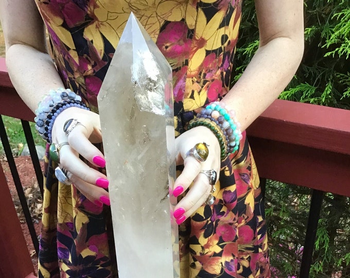Clear Quartz Crystal 16 Lb.  13 oz. Massive Generator ~ 22" Tall ~ White Ghost Floating Clouds & Sparkling Rainbows with Black Tourmaline
