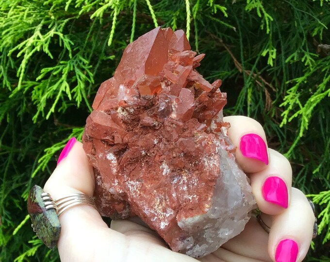 Red Quartz Crystal Cluster ~ Large 8.8 oz. ~ 3 1/2" Long ~ Perfect Points ~ Mined in Morocco ~ Big Red Hematite Crystals ~ Display Specimen